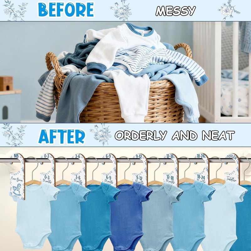 CORNER LACE Baby Closet Dividers 8PCS, Blue Toile Themed Wooden Double-Sided Clothes Size Hanger/Organizer from Newborn to Toddler for Nursery Decor Baby Shower Birthday Gender Reveal Party Gift - Image 3